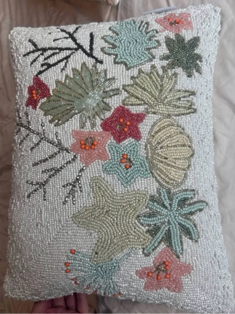 Beaded Floral Accent Pillow - Cream with Green & Coral